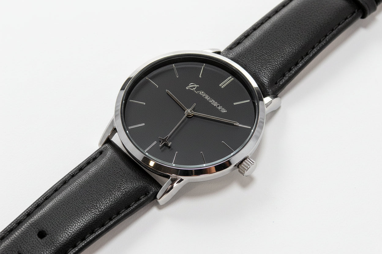 Boeing Silver rotating airplane Aviation watch - Black leather 
wrist strap Boeing