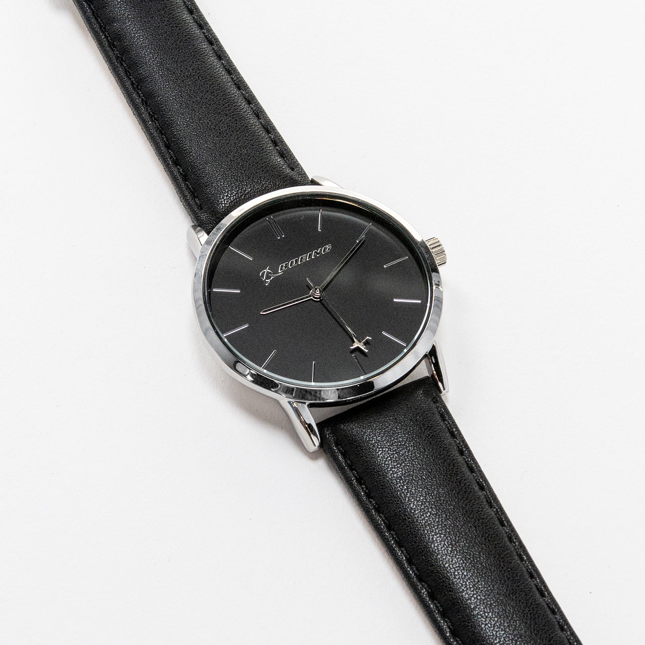 Boeing Silver rotating airplane Aviation watch - Black leather 
wrist strap Boeing