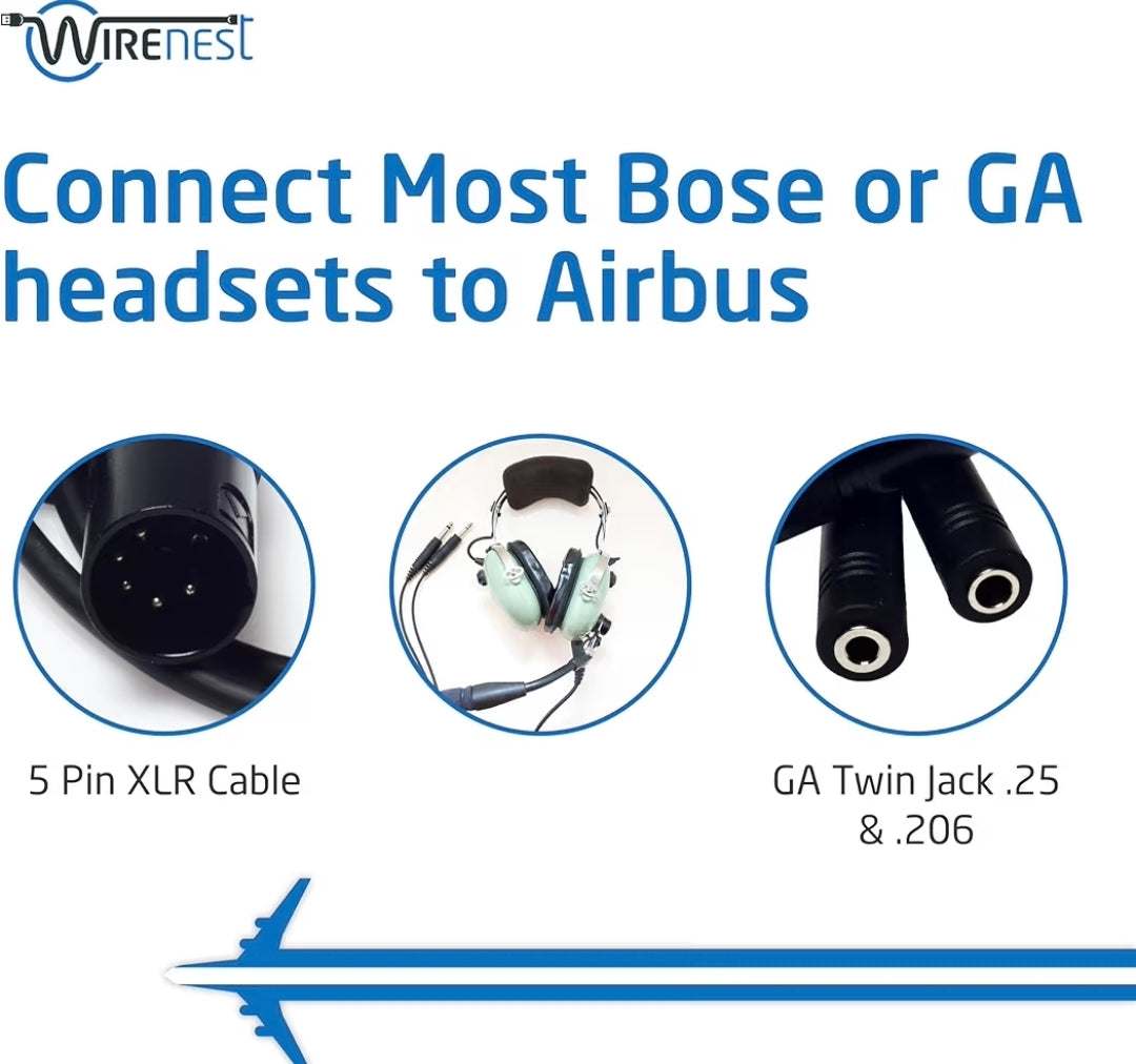 Wirenest GA Twin Plug to Airbus XLR Headset Adapter
