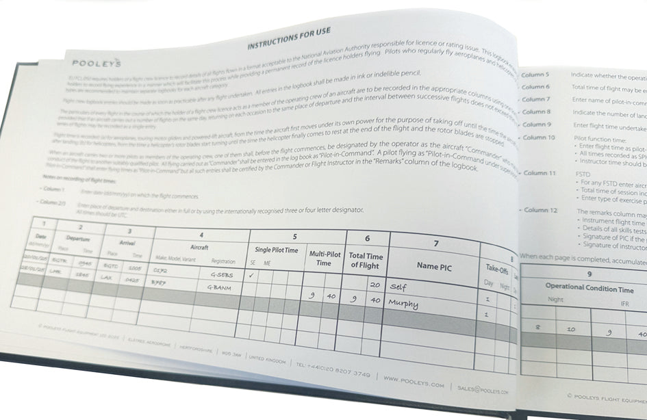Pooleys Commercial Pilot Log Book complies with EU FCL.050 regulations Poolyes