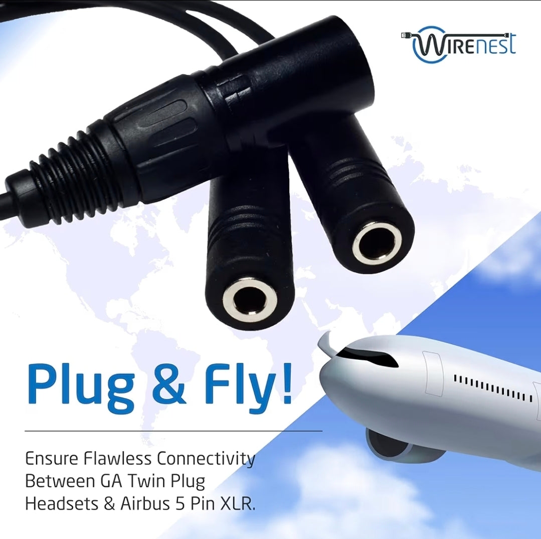 Wirenest GA Twin Plug to Airbus XLR Headset Adapter