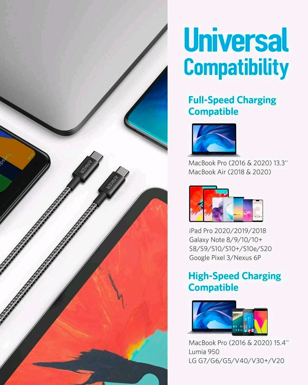 Anker Nylon USB C to USB C Cable 6ft 60W PD Type C Charging Cable for Mac Ankers