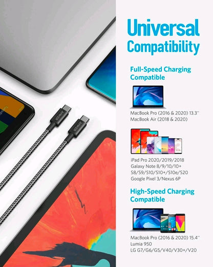 Anker Nylon USB C to USB C Cable 6ft 60W PD Type C Charging Cable for Mac Ankers